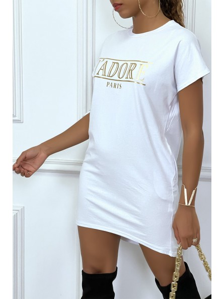 Robe T-shirt courte asymétrique blanc avec écriture doré "J'adore" et poches - 2