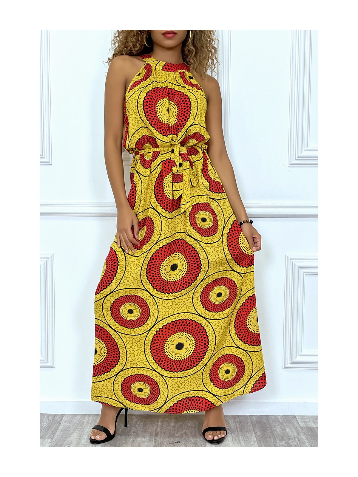 Longue robe jaune et rouge motif africain très chic et tendance - 1