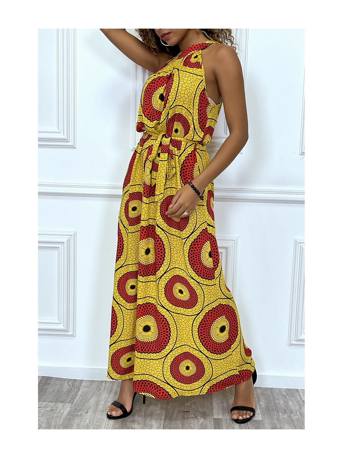 Longue robe jaune et rouge motif africain très chic et tendance - 3
