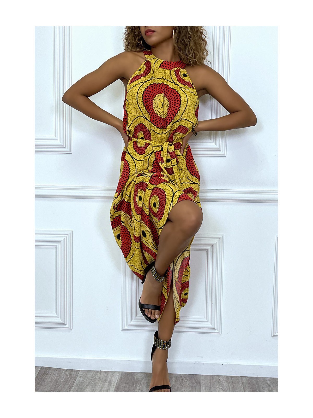 Longue robe jaune et rouge motif africain très chic et tendance - 4