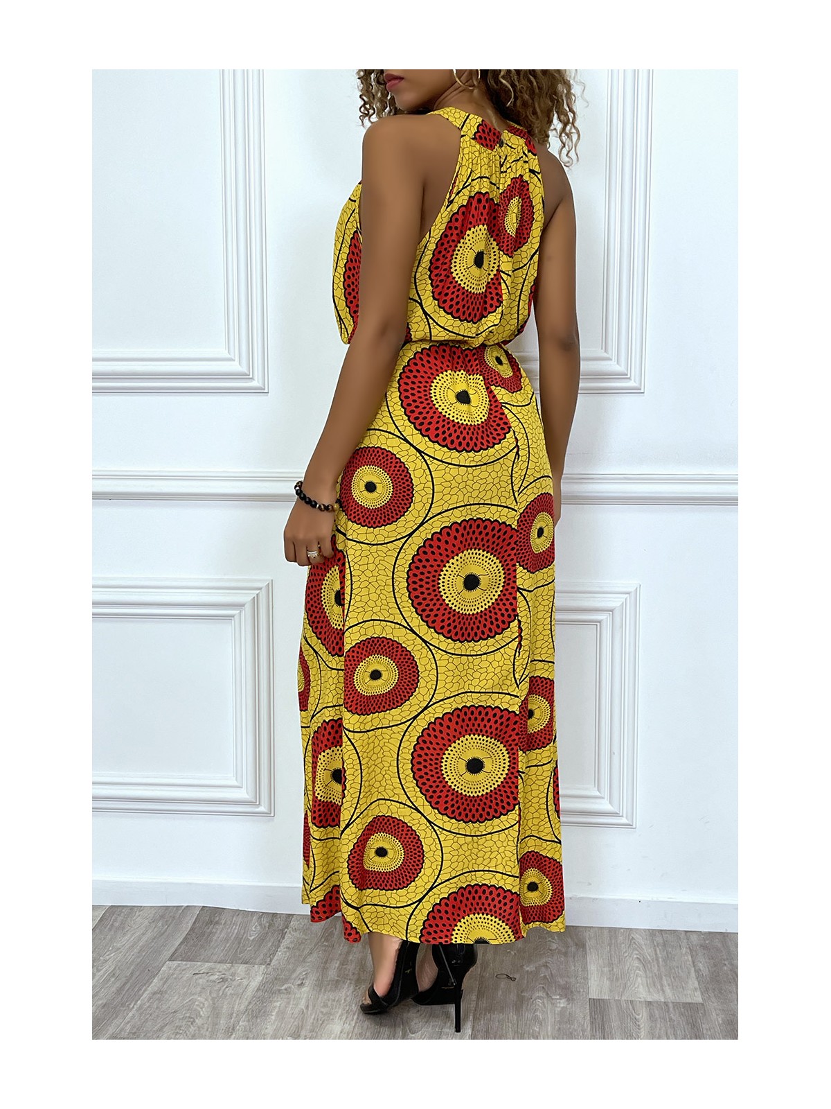 Longue robe jaune et rouge motif africain très chic et tendance - 6