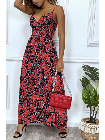 Longue robe d'été motif fleure rouge croisé au buste et cintré par élastique - 1