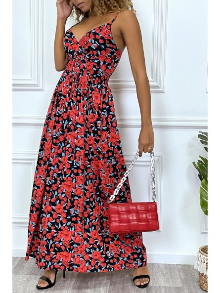 Longue robe d'été motif fleure rouge croisé au buste et cintré par élastique - 3