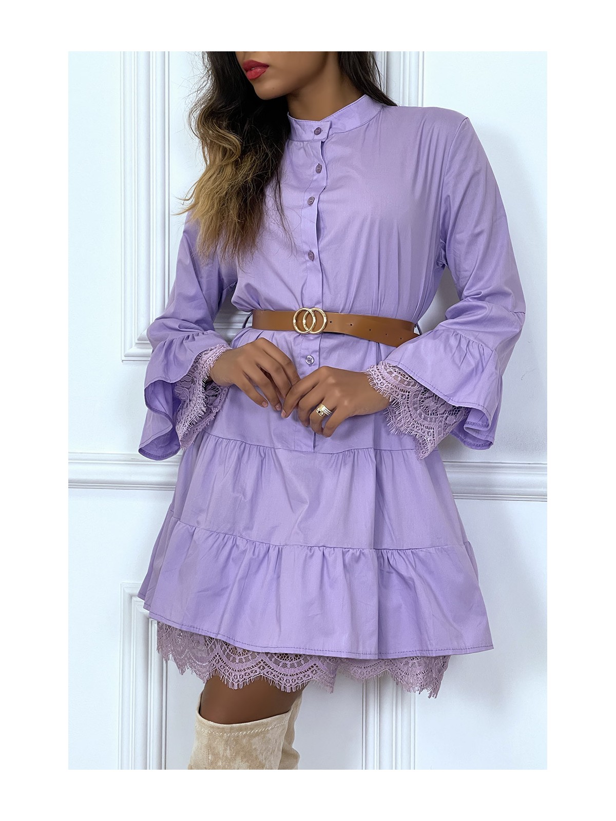 Robe chemise lila avec ceinture volant et dentelle - 3