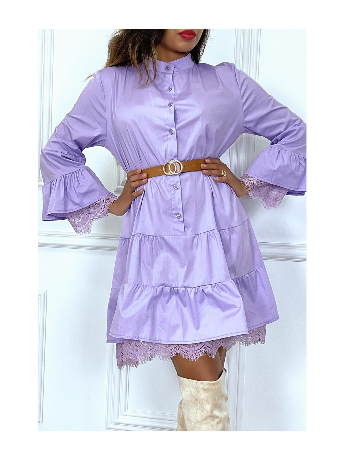 Robe chemise lila avec ceinture volant et dentelle - 5
