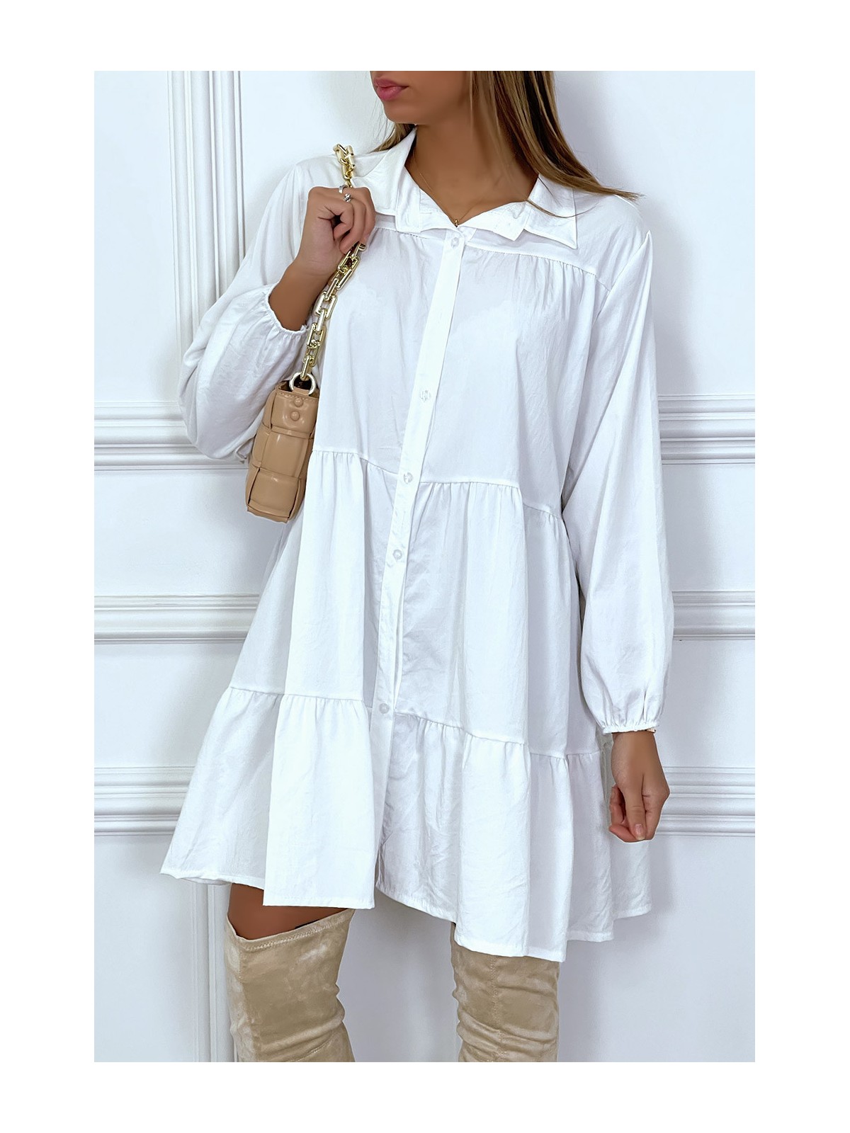 Robe chemise blanche à volant en coton - 1