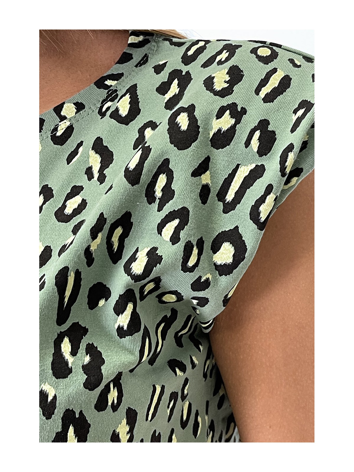Top kaki à épaulettes motif léopard - 4