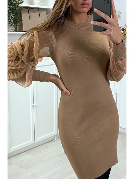 Robe pull taupe avec manches en tulle - 1