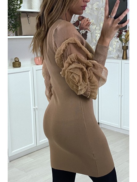 Robe pull taupe avec manches en tulle - 4