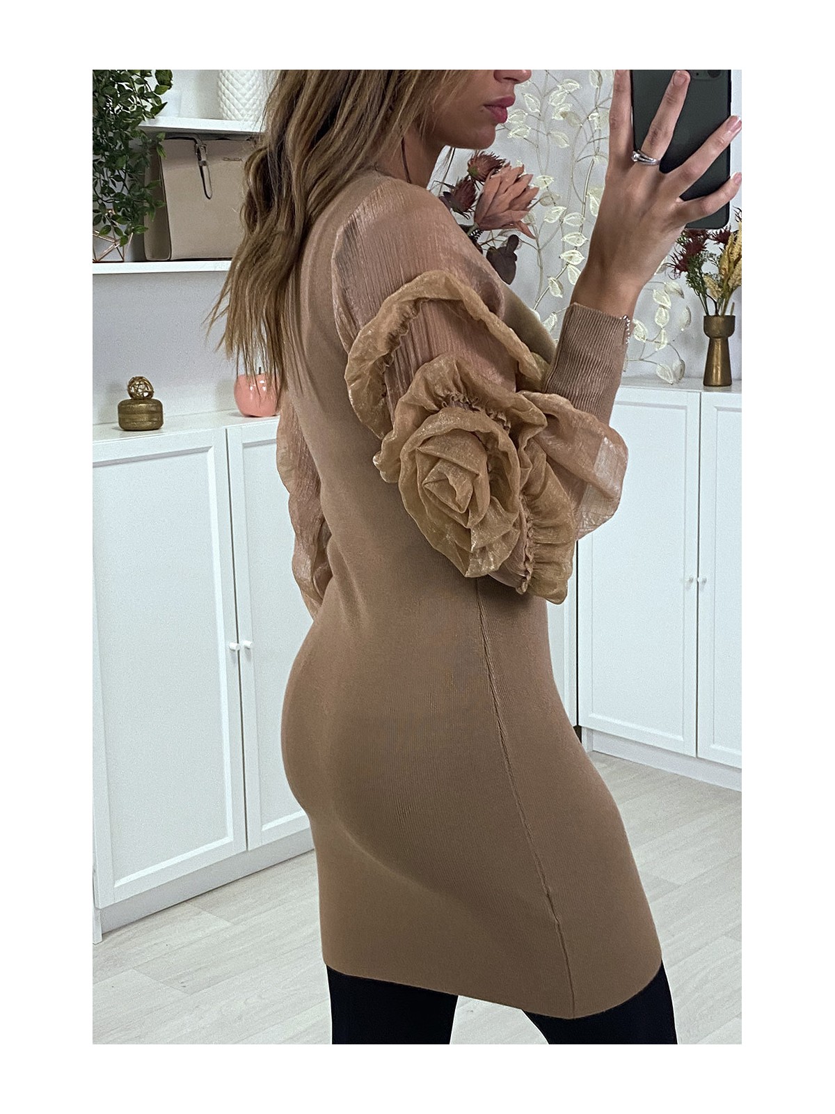 Robe pull taupe avec manches en tulle - 4