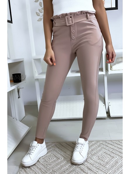 Pantalon slim taille haute en rose avec poche boutons et ceinture - 1
