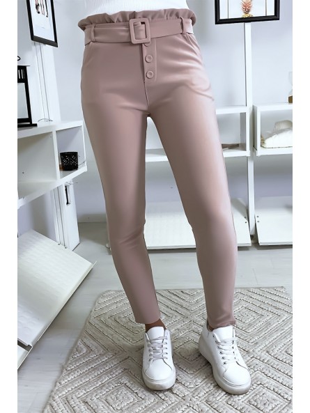 Pantalon slim taille haute en rose avec poche boutons et ceinture - 3