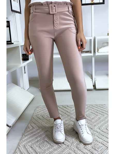 Pantalon slim taille haute en rose avec poche boutons et ceinture - 4