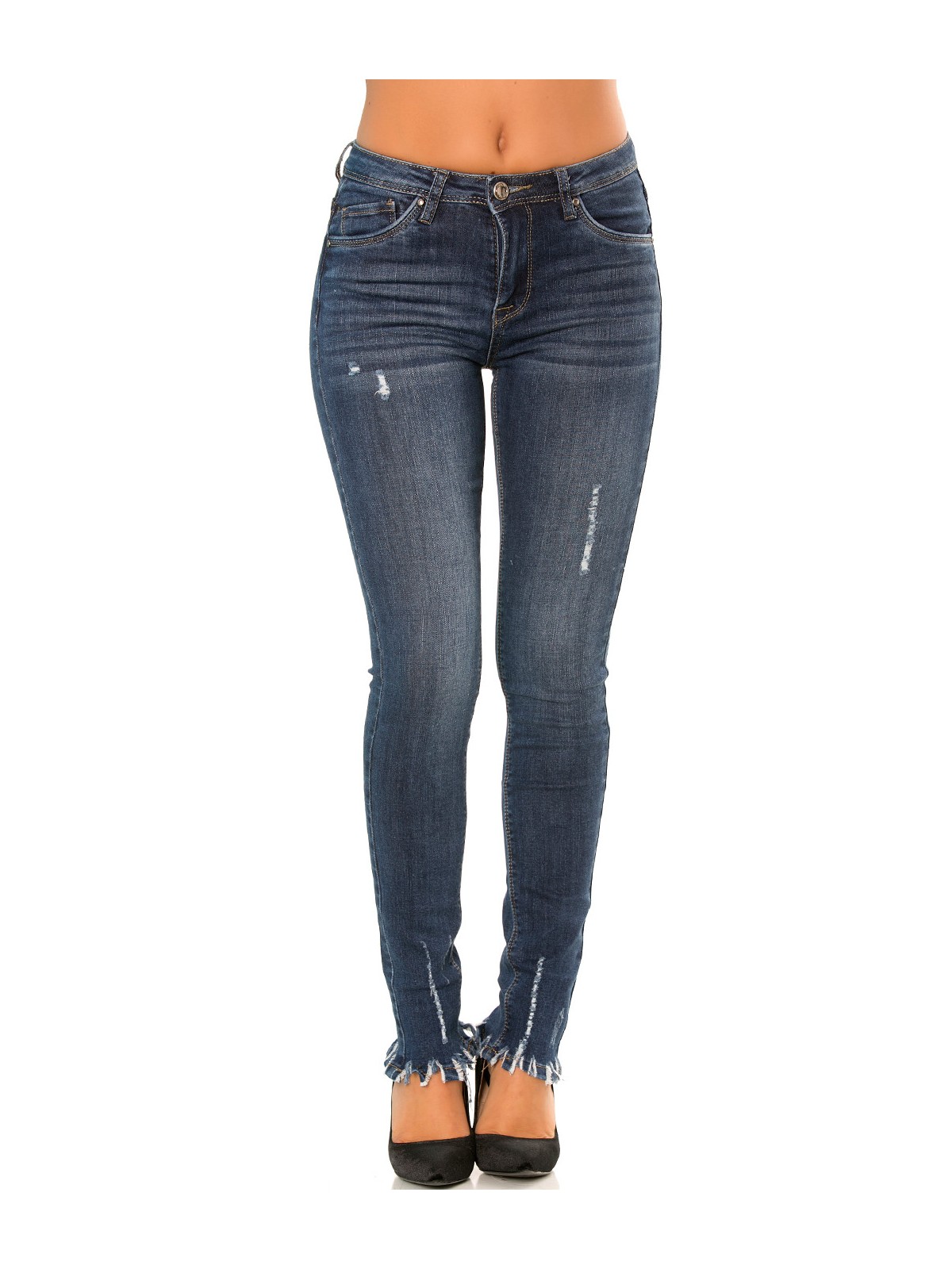 Pantalon jeans slim Bleu écorché sur le bas. PTL-S2607 - 1