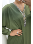 Abaya kaki à encolure de strass et manches longues - 1