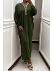 Abaya kaki à encolure de strass et manches longues - 2
