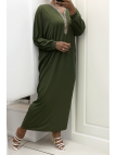 Abaya kaki à encolure de strass et manches longues - 4
