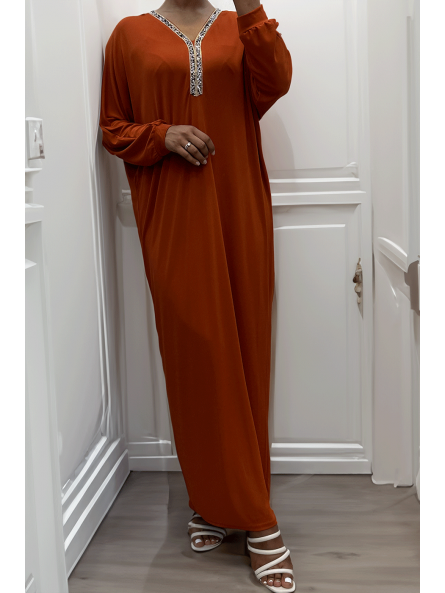 Abaya cognac à encolure de strass et manches longues - 1