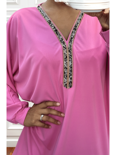 Abaya fuchsia à encolure de strass et manches longues - 4