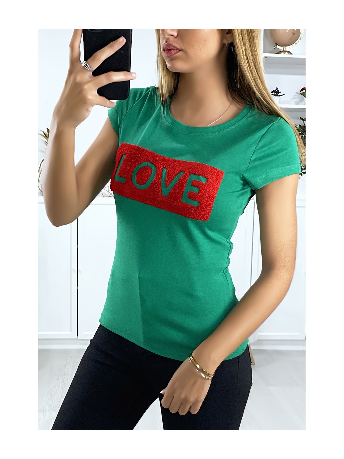 T-shirt vert avec écriture Love - 2