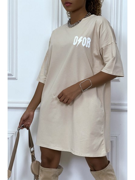Tee-shirt oversize beige tendance, écriture "D/or", manche mi-longue - 2