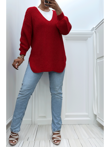 Pull rouge asymétrique en tricot à col v et manches bouffantes, ultra doux - 1