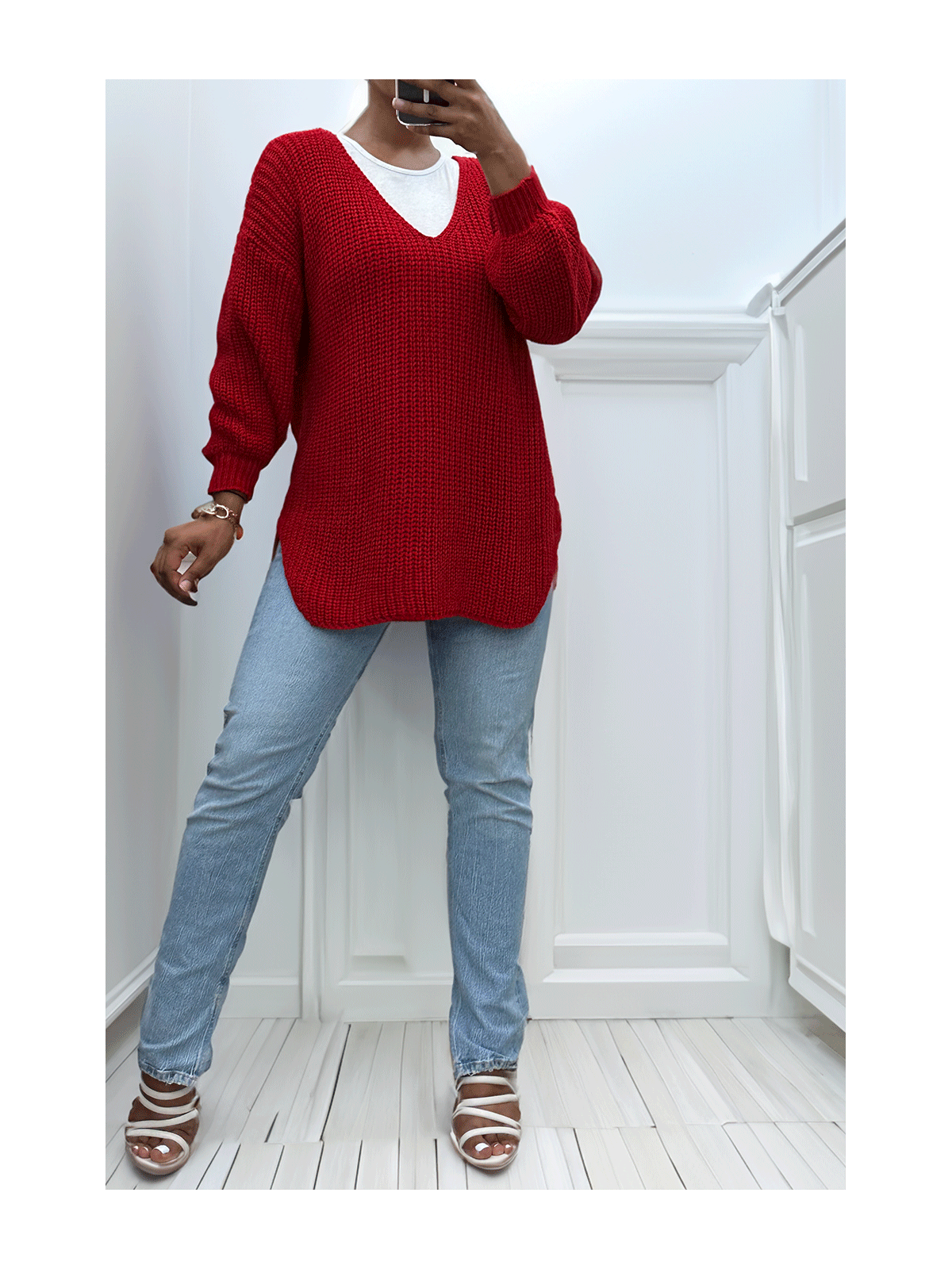 Pull rouge asymétrique en tricot à col v et manches bouffantes, ultra doux - 1