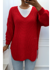 Pull rouge asymétrique en tricot à col v et manches bouffantes, ultra doux - 3