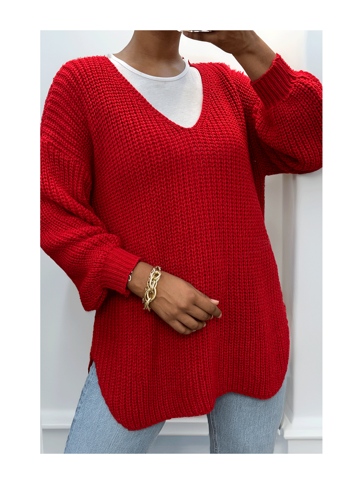 Pull rouge asymétrique en tricot à col v et manches bouffantes, ultra doux - 5