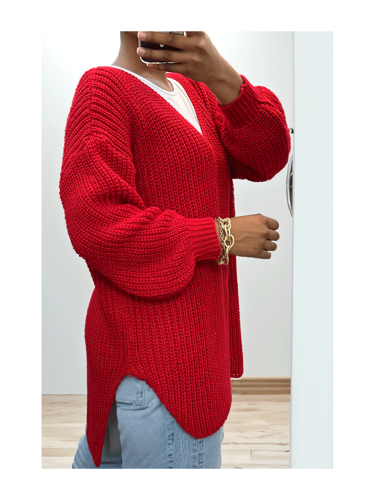 Pull rouge asymétrique en tricot à col v et manches bouffantes, ultra doux - 6