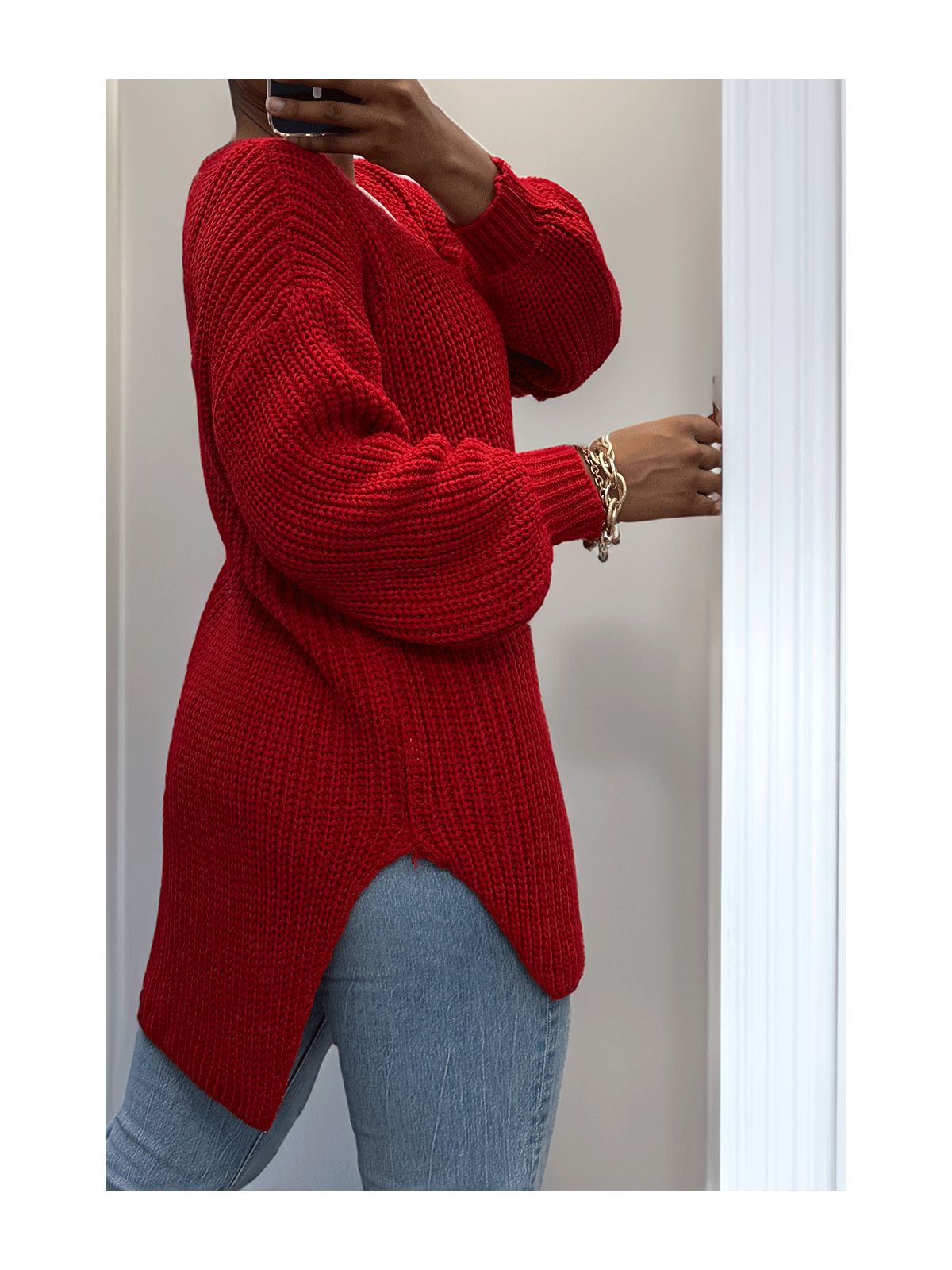 Pull rouge asymétrique en tricot à col v et manches bouffantes, ultra doux - 7