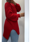 Pull rouge asymétrique en tricot à col v et manches bouffantes, ultra doux - 7