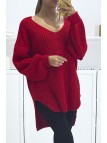 Pull rouge asymétrique en tricot à col v et manches bouffantes, ultra doux - 2