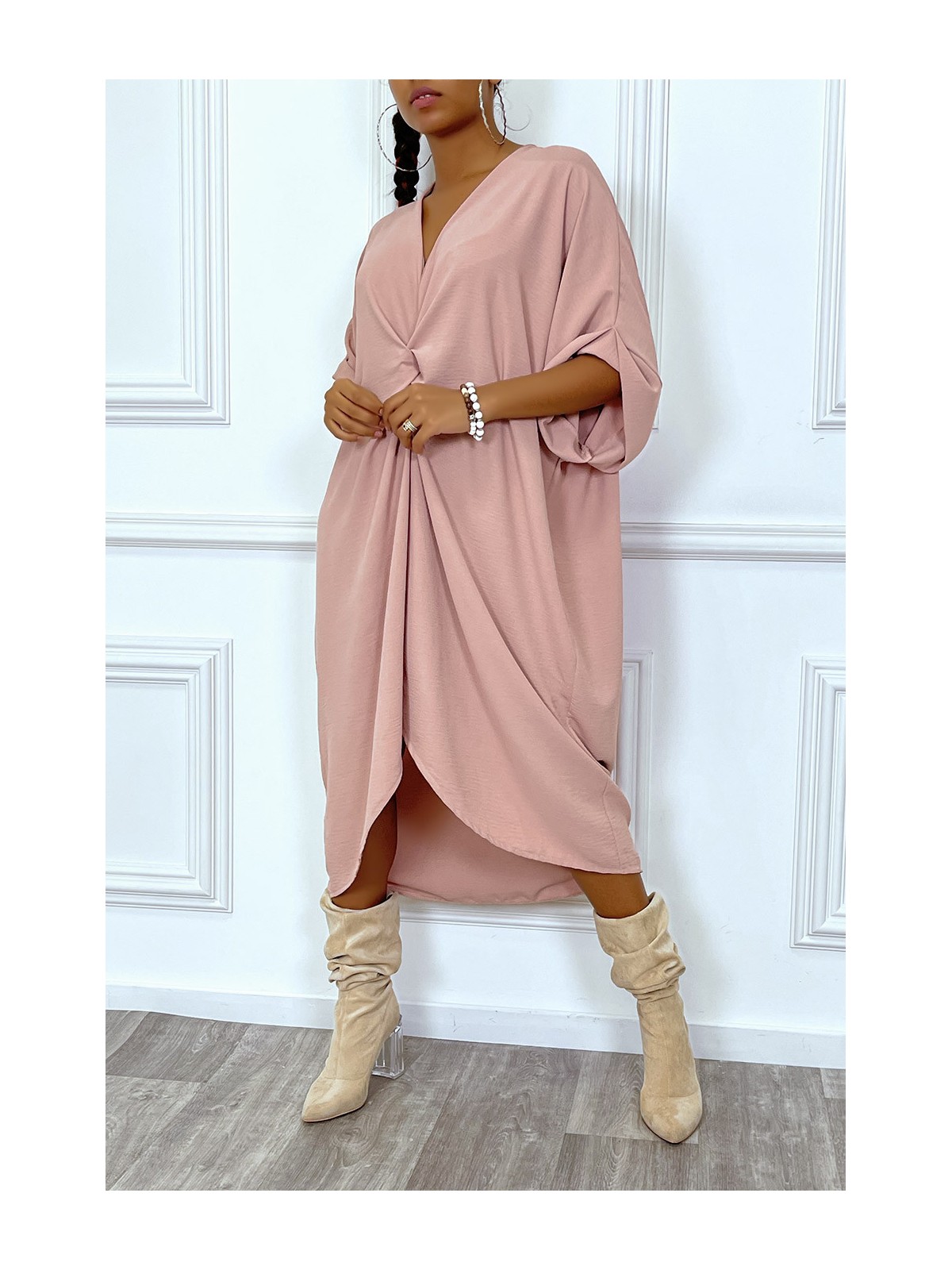 Robe tunique oversize rose col v détail froncé - 2