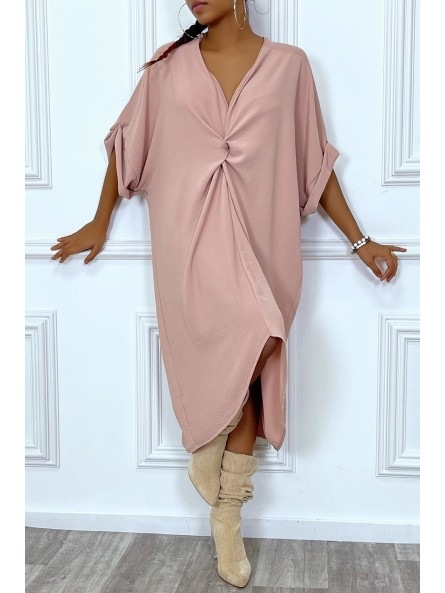 Robe tunique oversize rose col v détail froncé - 5