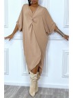 Robe tunique oversize camel col v détail froncé - 1