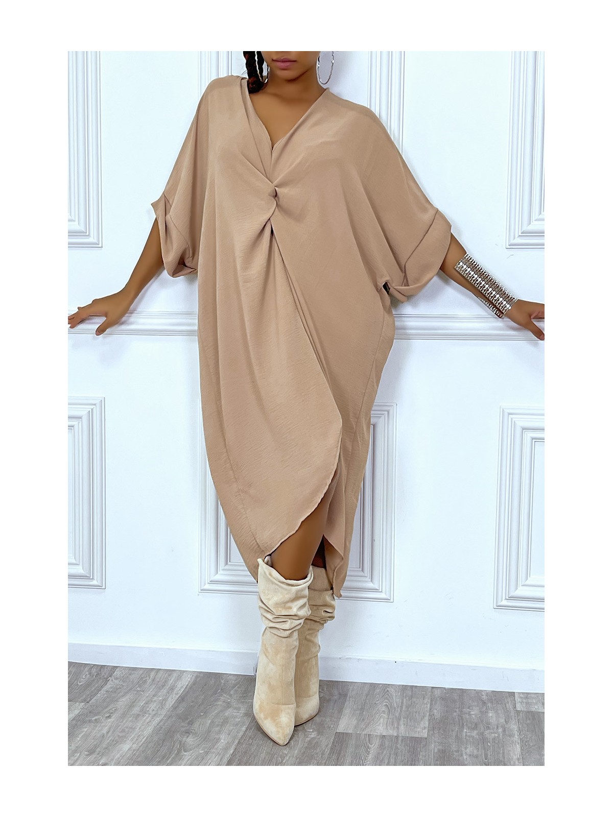 Robe tunique oversize camel col v détail froncé - 2