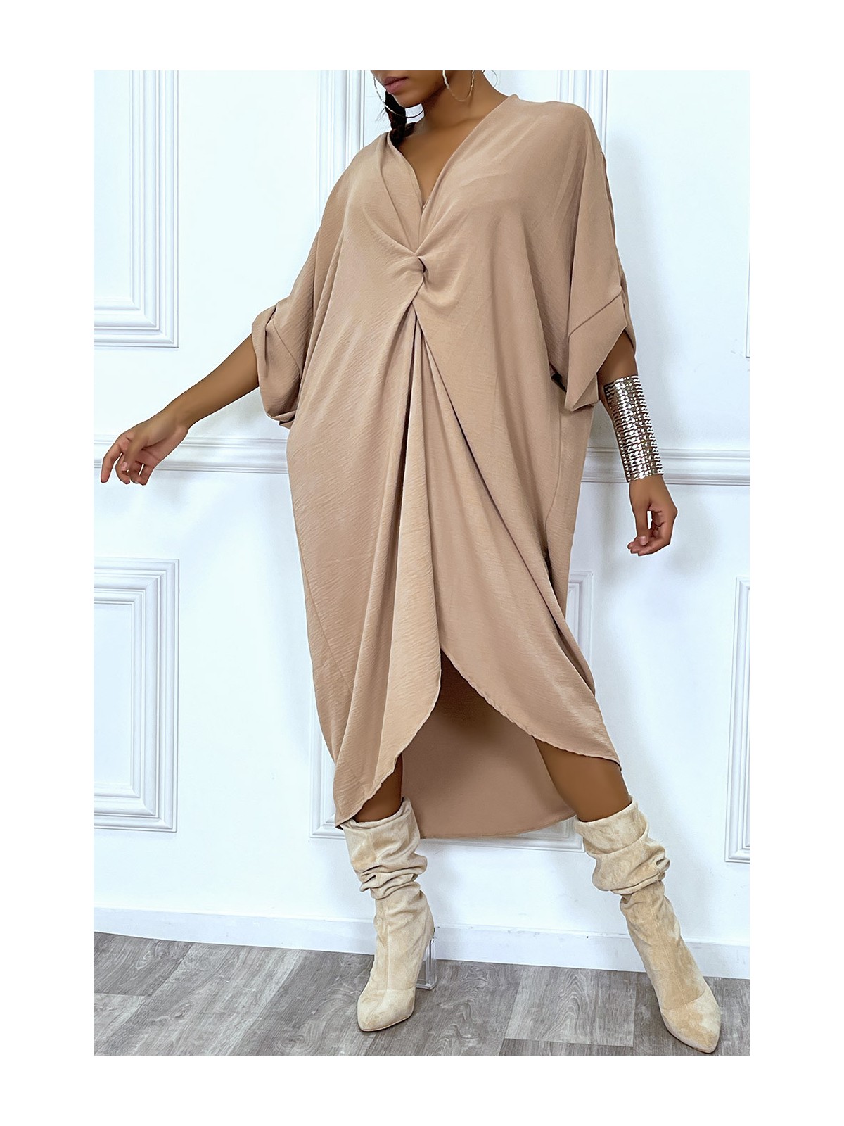 Robe tunique oversize camel col v détail froncé - 3