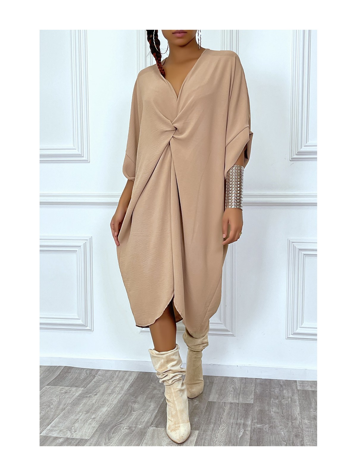 Robe tunique oversize camel col v détail froncé - 6