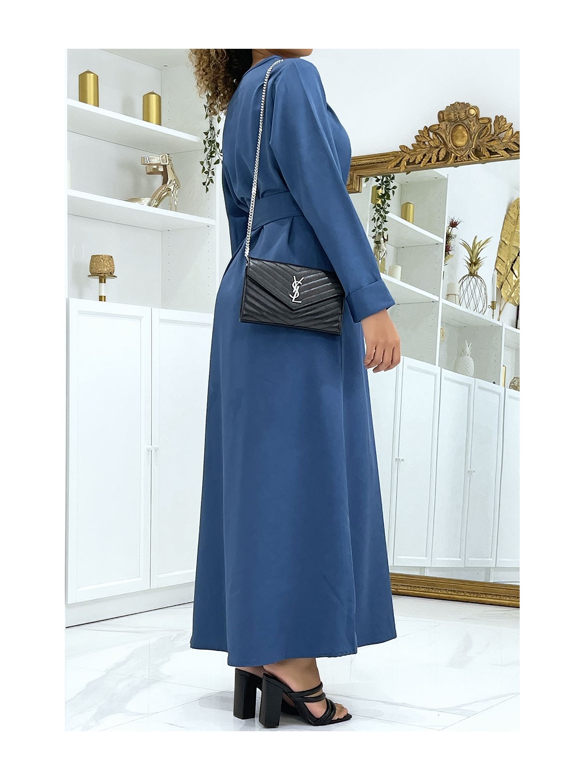 Longue abaya indigo avec poches et ceinture - 3
