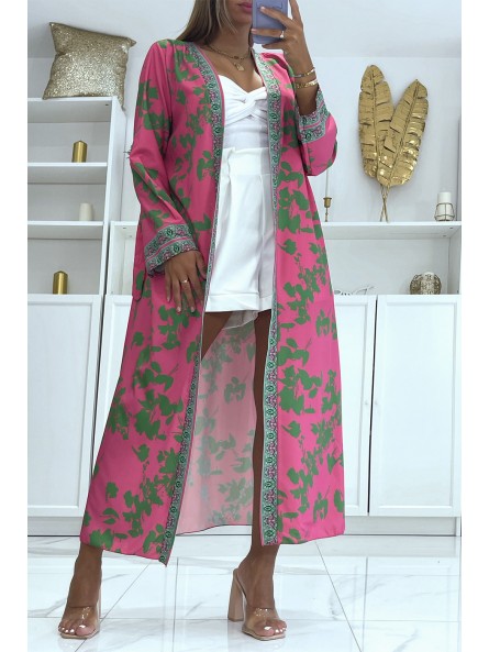 Sublime kimono en soie avec motif fuchsia et pistache - 1