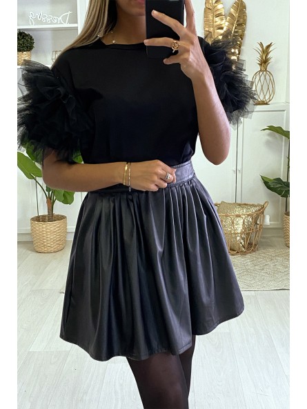 jupe simili noir plissée évasée - 1