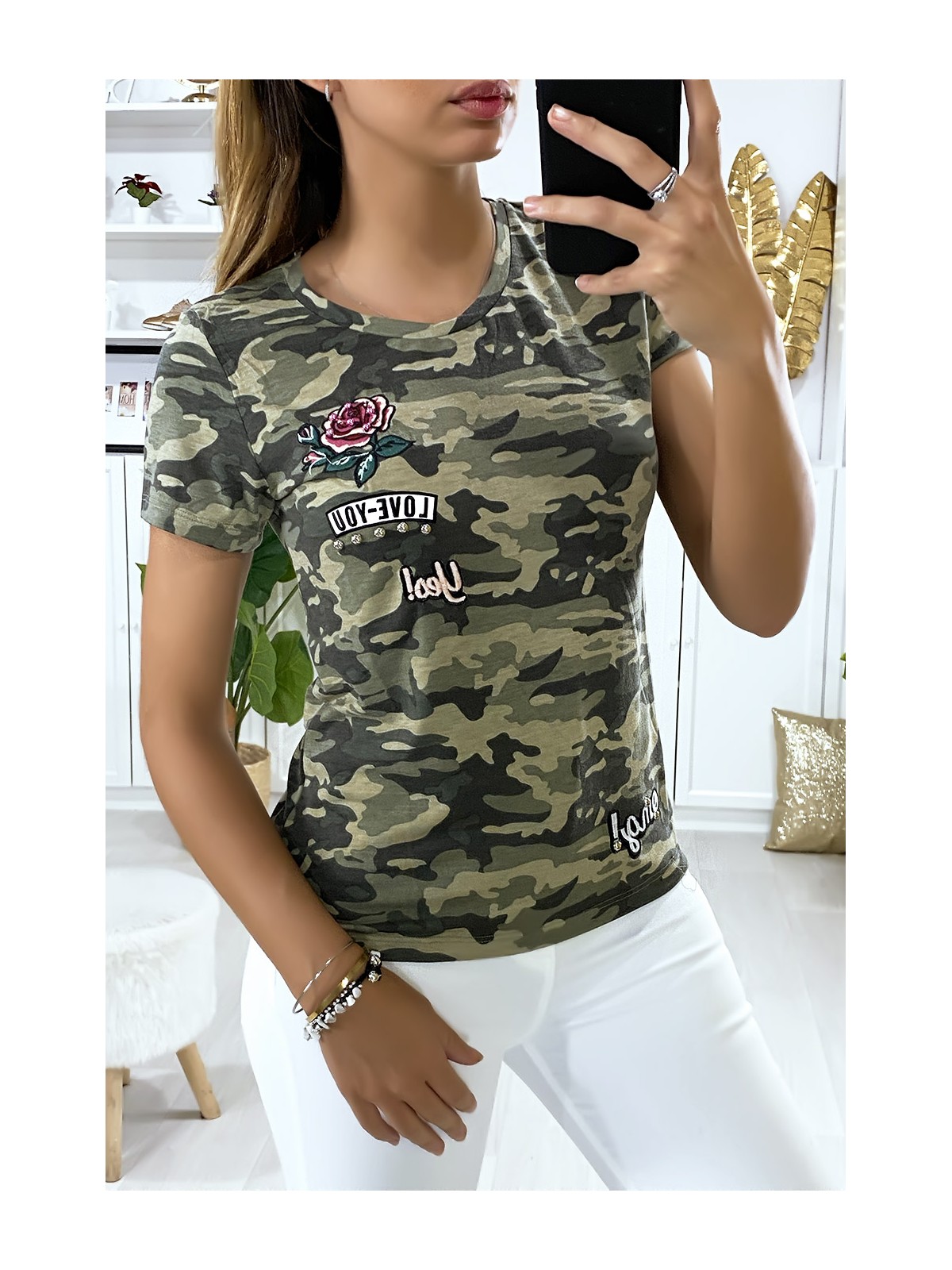 T-shirt kaki militaire avec broderie - 2
