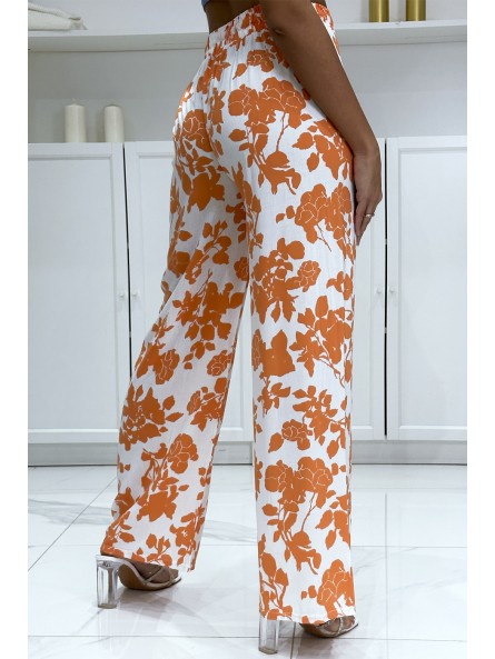 Pantalon palazzo orange et blanc en coton motif fleuris - 2