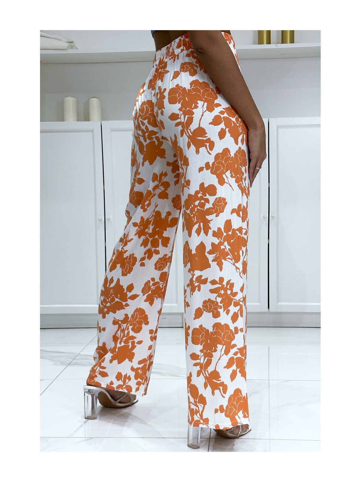 Pantalon palazzo orange et blanc en coton motif fleuris - 2