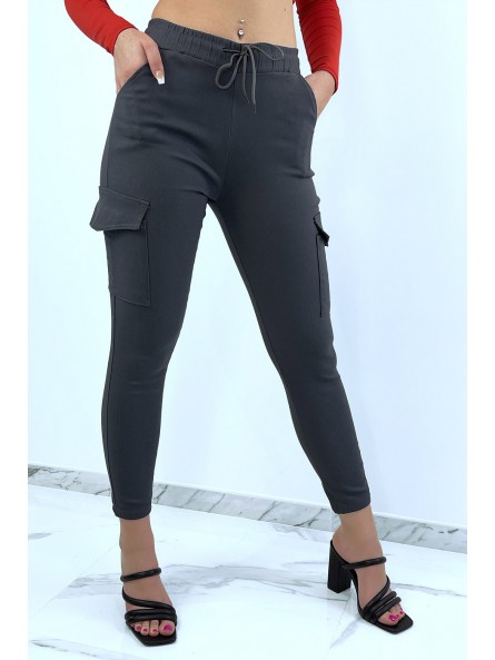 Pantalon slim anthracite elastique à grandes poches style cargo - 2