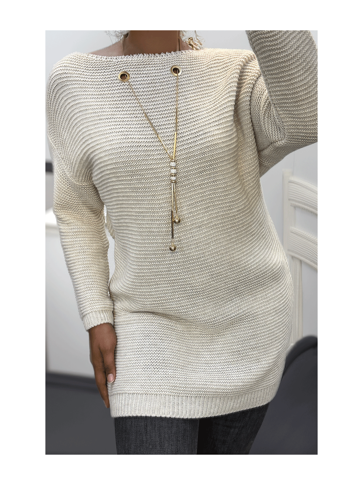 Tunique beige en tricot avec accessoires - 2
