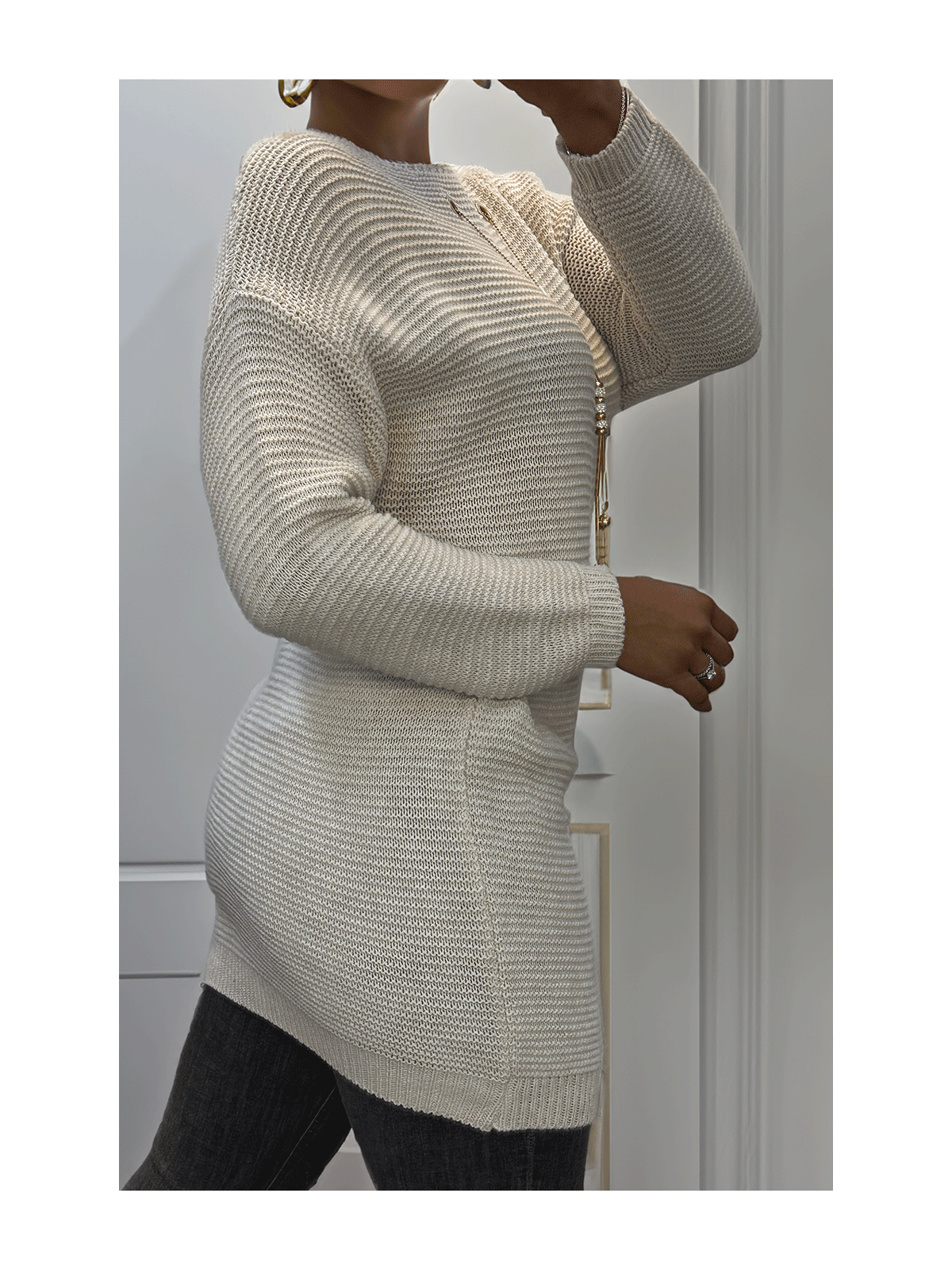 Tunique beige en tricot avec accessoires - 3