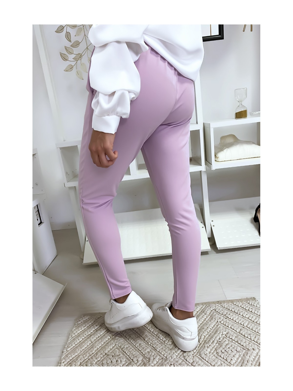 Pantalon cigarette violet avec poches et ceinture à nouer très fashion.1756 - 4