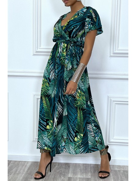 Longue robe d'été verte à manches courtes et col cache-coeur aux motifs palmiers - 5